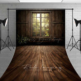 Lofaris Rustic Cabin Window Sweep Photography Backdrop with Wood Floor Forest Sunlight View Moody Woodland Studio Photo Prop